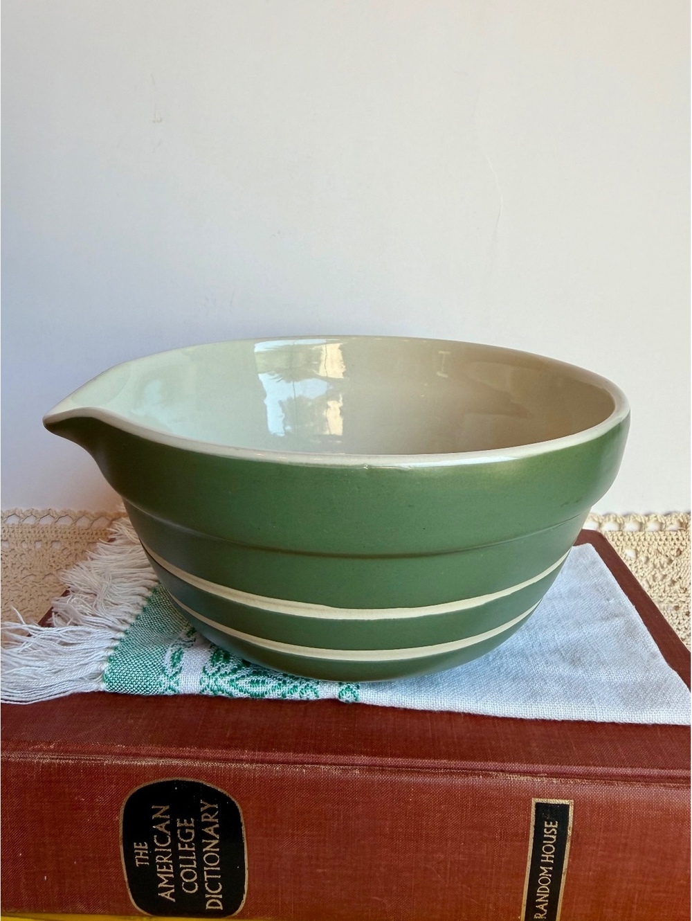 Vintage Green Stoneware Mixing Bowl Pour Spout Cream Stripes Made in China